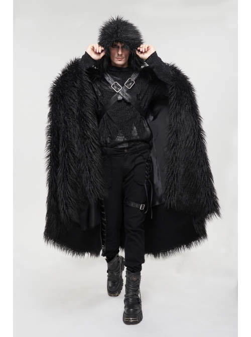 Black Long Curly Wool Plush Front Cross Punk Men Hooded Cloak