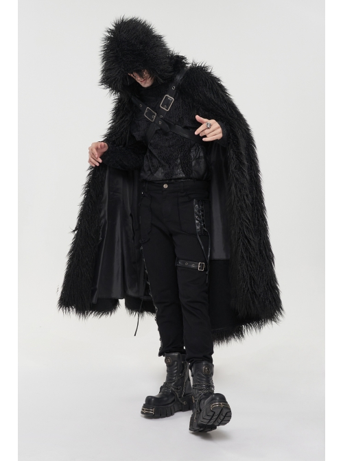 Black Long Curly Wool Plush Front Cross Punk Men Hooded Cloak