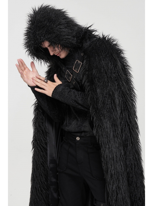 Black Long Curly Wool Plush Front Cross Punk Men Hooded Cloak