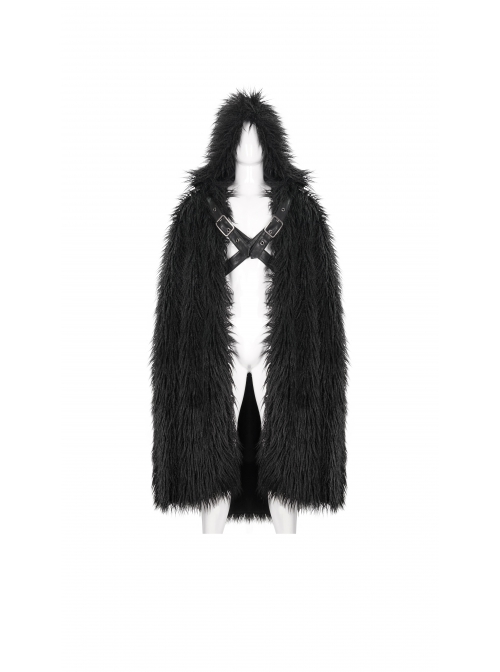 Black Long Curly Wool Plush Front Cross Punk Men Hooded Cloak