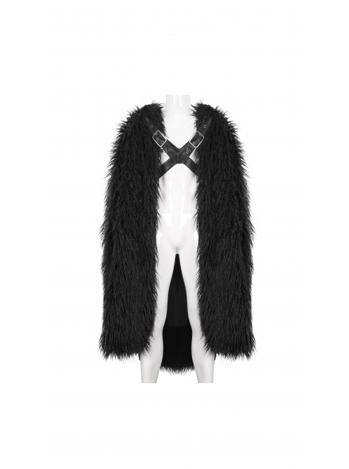 Black Long Curly Wool Plush Front Cross Punk Men Hooded Cloak