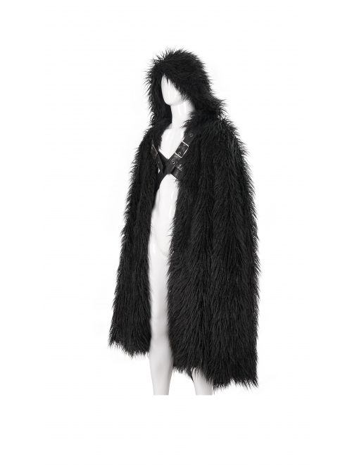 Black Long Curly Wool Plush Front Cross Punk Men Hooded Cloak