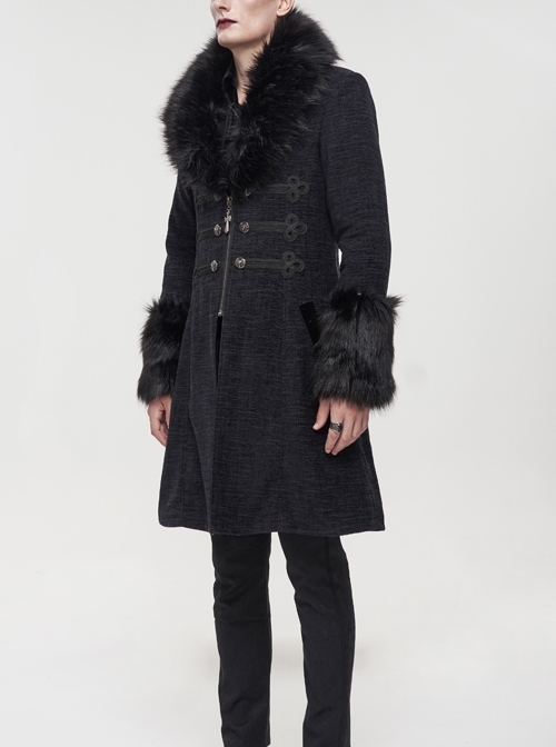 Black Gothic Vintage Button Decoration Removable Fur Collar Male Coat