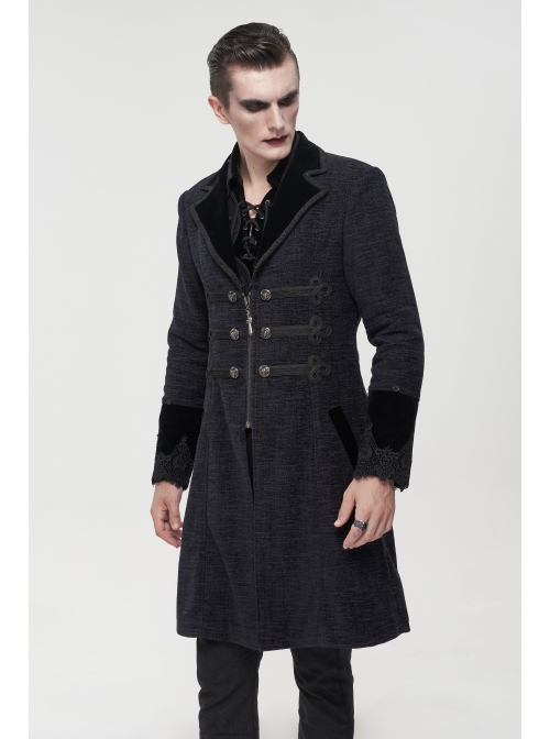 Black Gothic Vintage Button Decoration Removable Fur Collar Male Coat