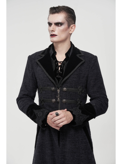Black Gothic Vintage Button Decoration Removable Fur Collar Male Coat