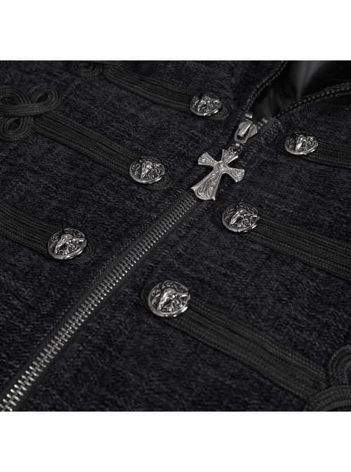 Black Gothic Vintage Button Decoration Removable Fur Collar Male Coat