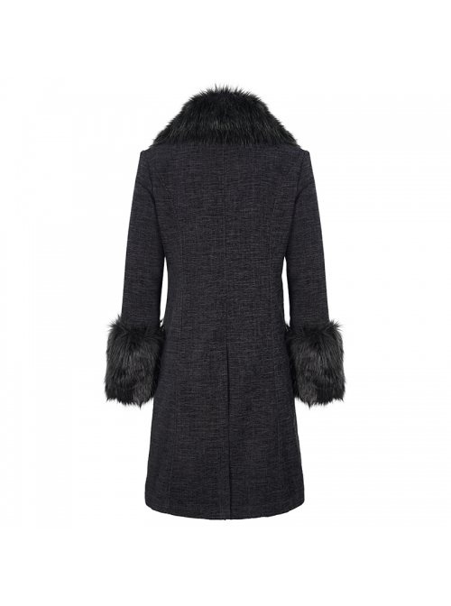Black Gothic Vintage Button Decoration Removable Fur Collar Male Coat