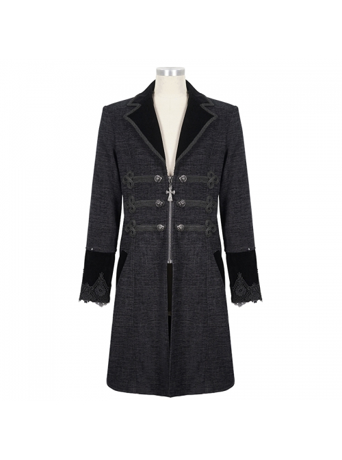 Black Gothic Vintage Button Decoration Removable Fur Collar Male Coat