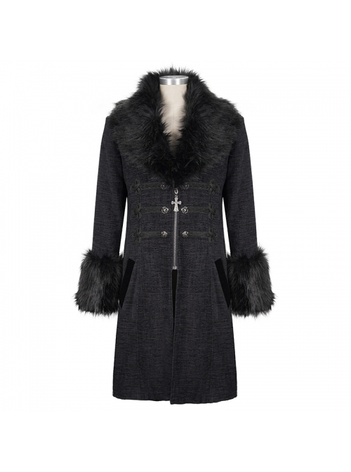 Black Gothic Vintage Button Decoration Removable Fur Collar Male Coat
