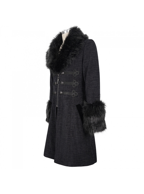Black Gothic Vintage Button Decoration Removable Fur Collar Male Coat