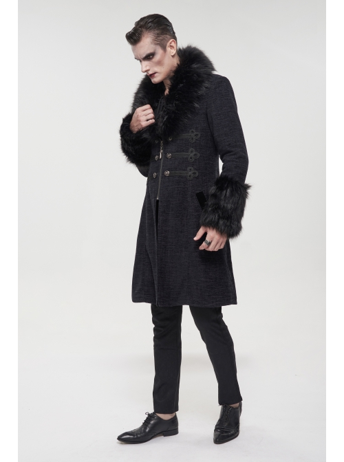 Black Gothic Vintage Button Decoration Removable Fur Collar Male Coat