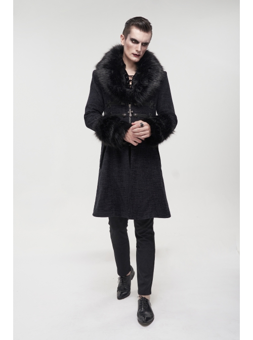 Black Gothic Vintage Button Decoration Removable Fur Collar Male Coat