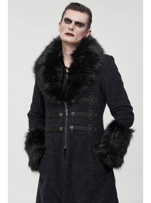 Black Gothic Vintage Button Decoration Removable Fur Collar Male Coat