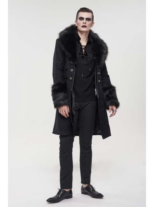 Black Gothic Vintage Button Decoration Removable Fur Collar Male Coat