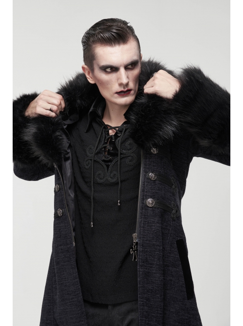 Black Gothic Vintage Button Decoration Removable Fur Collar Male Coat