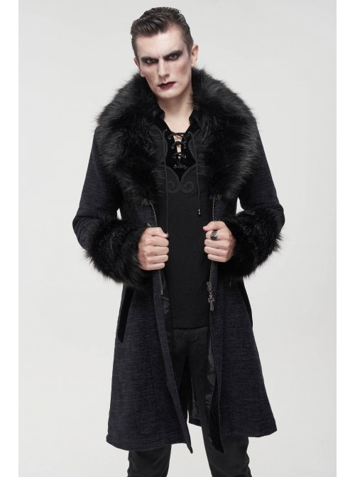 Black Gothic Vintage Button Decoration Removable Fur Collar Male Coat