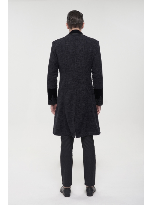 Black Gothic Vintage Button Decoration Removable Fur Collar Male Coat