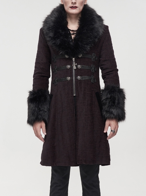 Wine Red Gothic Vintage Button Decoration Removable Fur Collar Male Coat
