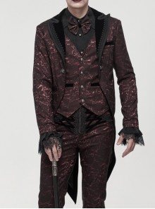 Bright Pattern Printed Decoration Gothic Wine Red Male Tailcoat