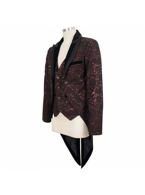 Bright Pattern Printed Decoration Gothic Wine Red Male Tailcoat