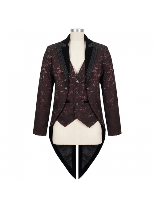 Bright Pattern Printed Decoration Gothic Wine Red Male Tailcoat