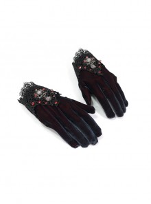 Red Diamond Gothic Lace Decoration Two-Tone Velvet  Female Gloves
