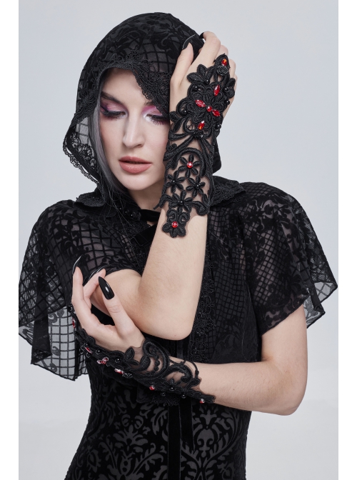 Gothic Drawstring Straps Lace Flower-Shaped Black Sleeves With Diamonds