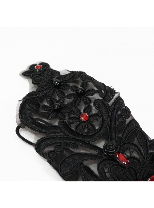 Gothic Drawstring Straps Lace Flower-Shaped Black Sleeves With Diamonds
