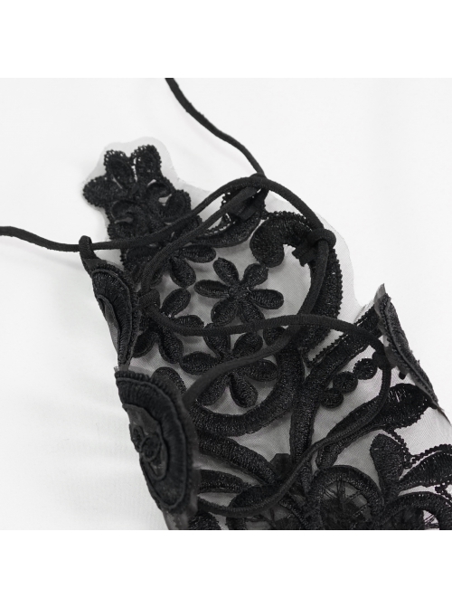 Gothic Drawstring Straps Lace Flower-Shaped Black Sleeves With Diamonds
