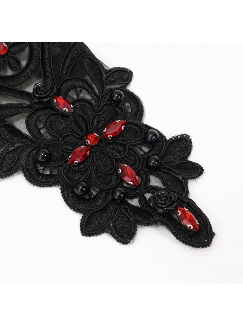 Gothic Drawstring Straps Lace Flower-Shaped Black Sleeves With Diamonds