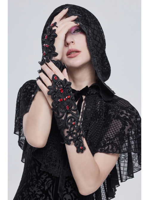 Gothic Drawstring Straps Lace Flower-Shaped Black Sleeves With Diamonds