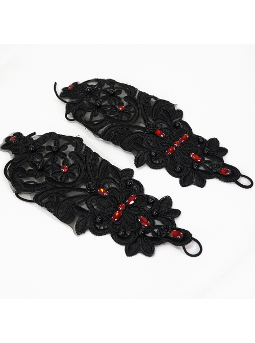 Gothic Drawstring Straps Lace Flower-Shaped Black Sleeves With Diamonds