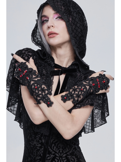Gothic Drawstring Straps Lace Flower-Shaped Black Sleeves With Diamonds