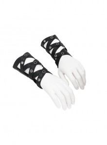 Metal Buttonhole Decoration Cross Straps Punk Fine-Stranded Cortex Black Gloves