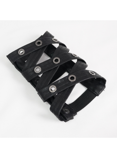 Metal Buttonhole Decoration Cross Straps Punk Fine-Stranded Cortex Black Gloves