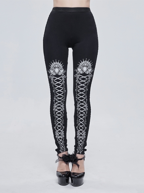 White Printed Decoration Black Tie-Rope Gothic Elasticity Leggings