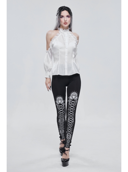White Printed Decoration Black Tie-Rope Gothic Elasticity Leggings