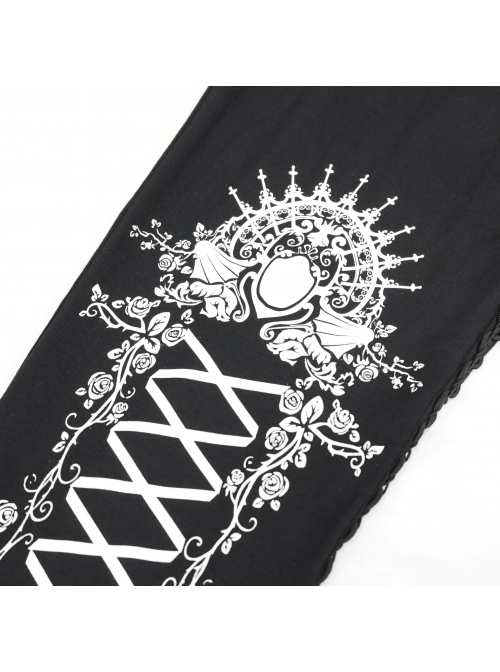 White Printed Decoration Black Tie-Rope Gothic Elasticity Leggings