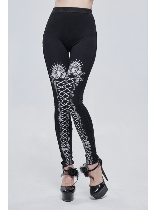 White Printed Decoration Black Tie-Rope Gothic Elasticity Leggings