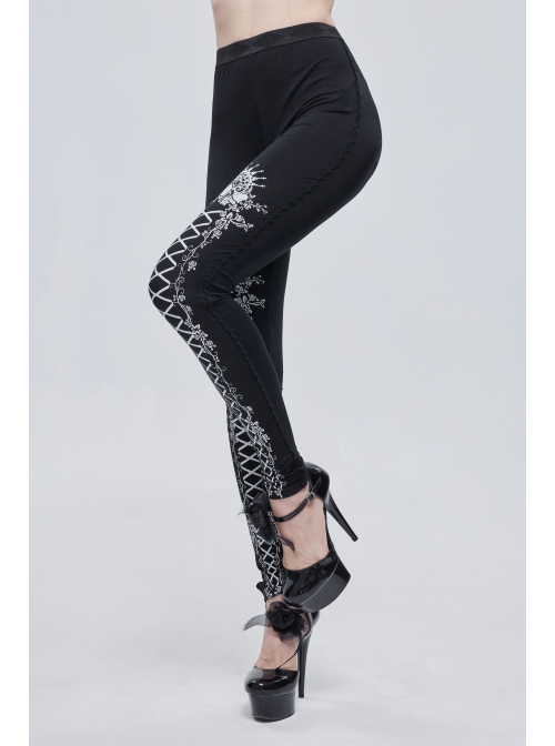 White Printed Decoration Black Tie-Rope Gothic Elasticity Leggings