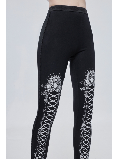 White Printed Decoration Black Tie-Rope Gothic Elasticity Leggings