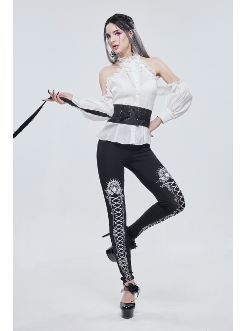White Printed Decoration Black Tie-Rope Gothic Elasticity Leggings