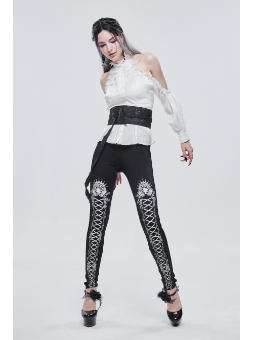 White Printed Decoration Black Tie-Rope Gothic Elasticity Leggings