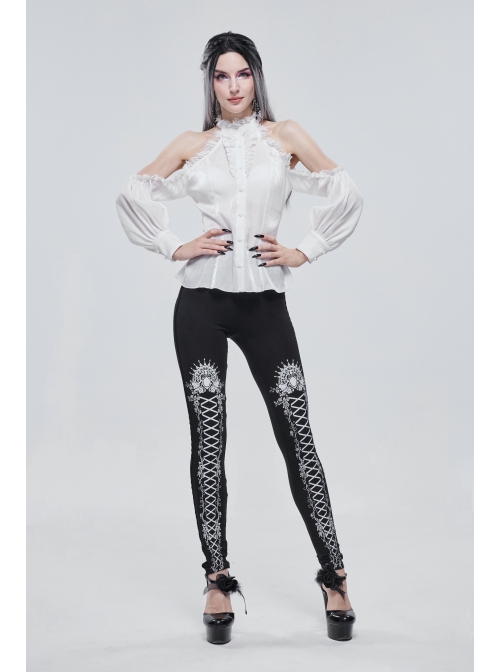 White Printed Decoration Black Tie-Rope Gothic Elasticity Leggings