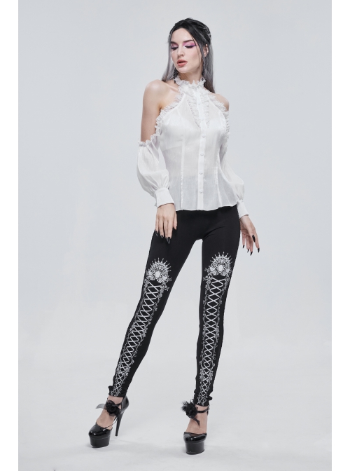 White Printed Decoration Black Tie-Rope Gothic Elasticity Leggings