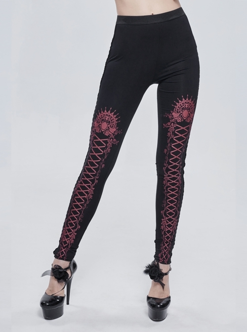 Wine Red Printed Decoration Black Tie-Rope Gothic Elasticity Leggings