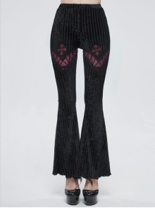 Black Gothic Striped Flocking V-Shaped Cross Lace Stitching Flared Pants