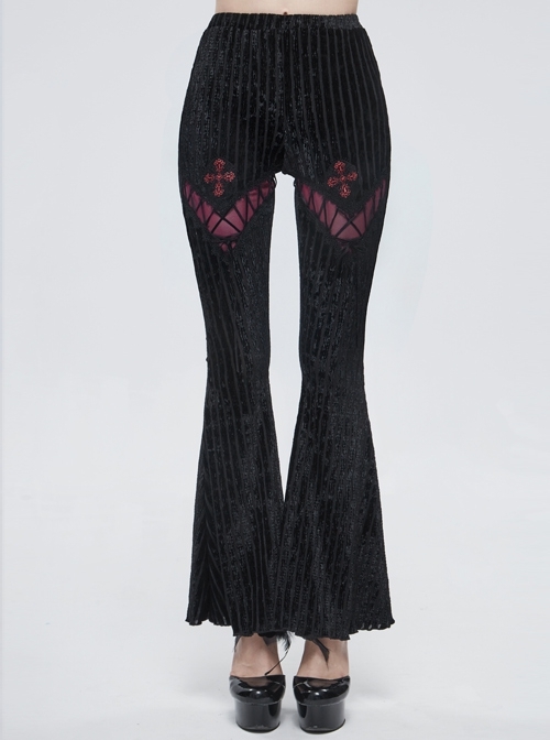 Black Gothic Striped Flocking V-Shaped Cross Lace Stitching Flared Pants