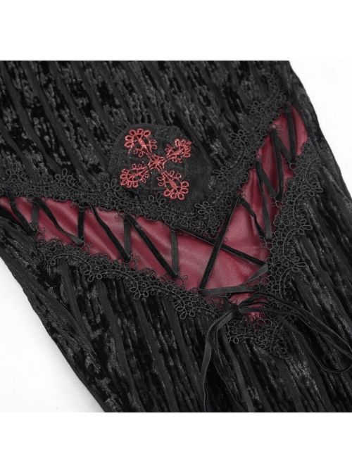 Black Gothic Striped Flocking V-Shaped Cross Lace Stitching Flared Pants