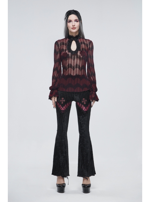 Black Gothic Striped Flocking V-Shaped Cross Lace Stitching Flared Pants
